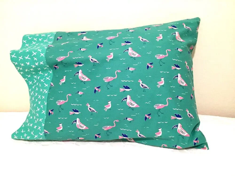 Handmade Shorebirds Pillowcase Set, Aqua Green and Pink,  Standard Size, Cotton